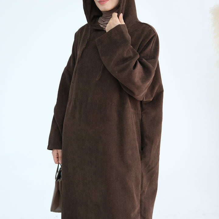 Get trendy with Willa Tweed Hoodie Abaya - Brown -  available at Voilee NY. Grab yours for $64.90 today!