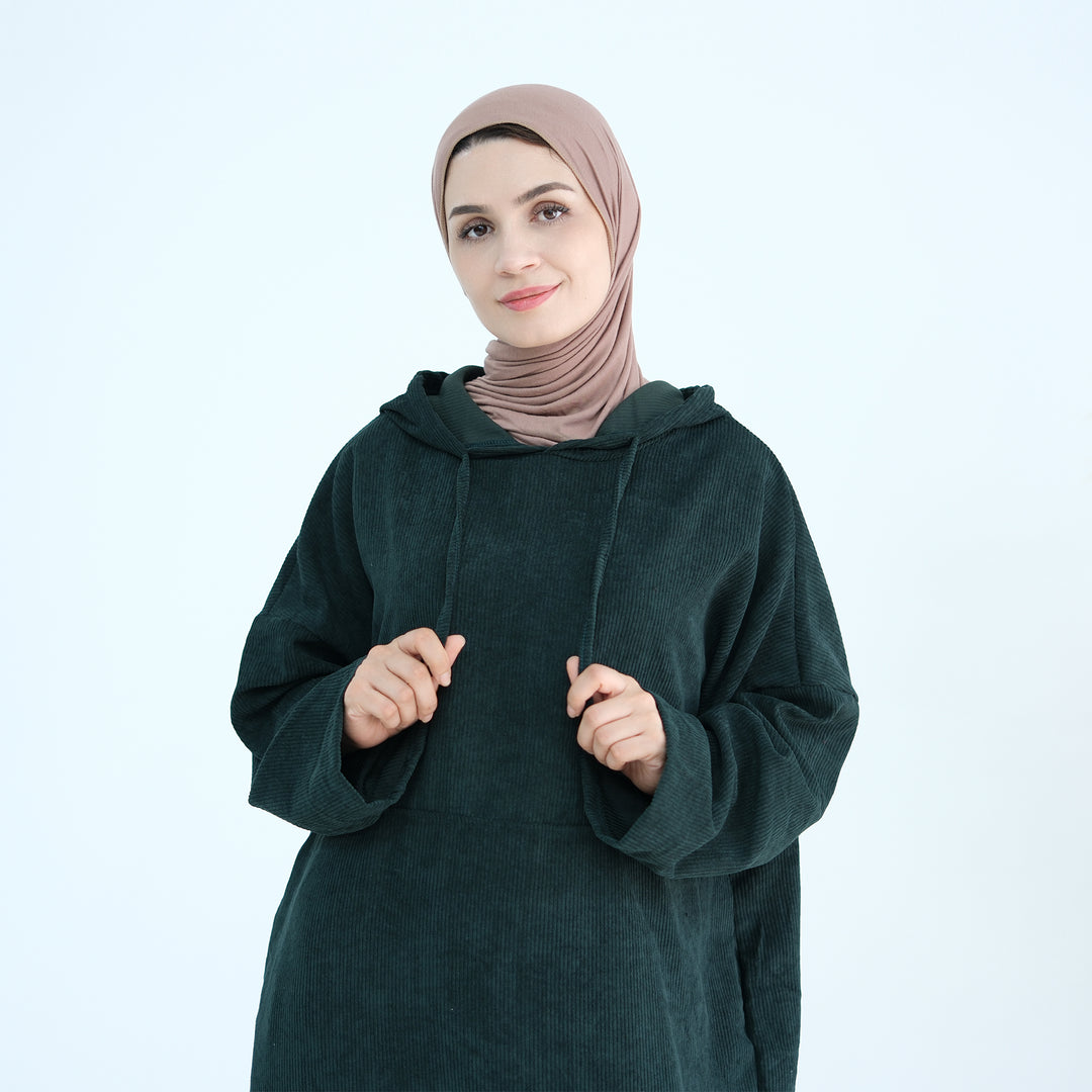 Get trendy with Willa Tweed Hoodie Abaya - Hunter Green -  available at Voilee NY. Grab yours for $64.90 today!