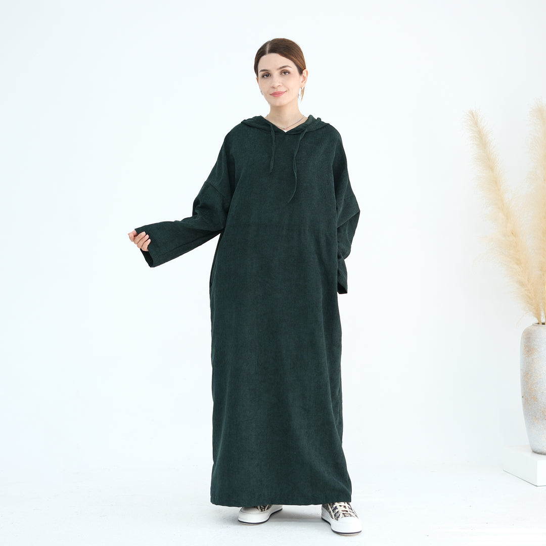 Get trendy with Willa Tweed Hoodie Abaya - Hunter Green -  available at Voilee NY. Grab yours for $64.90 today!