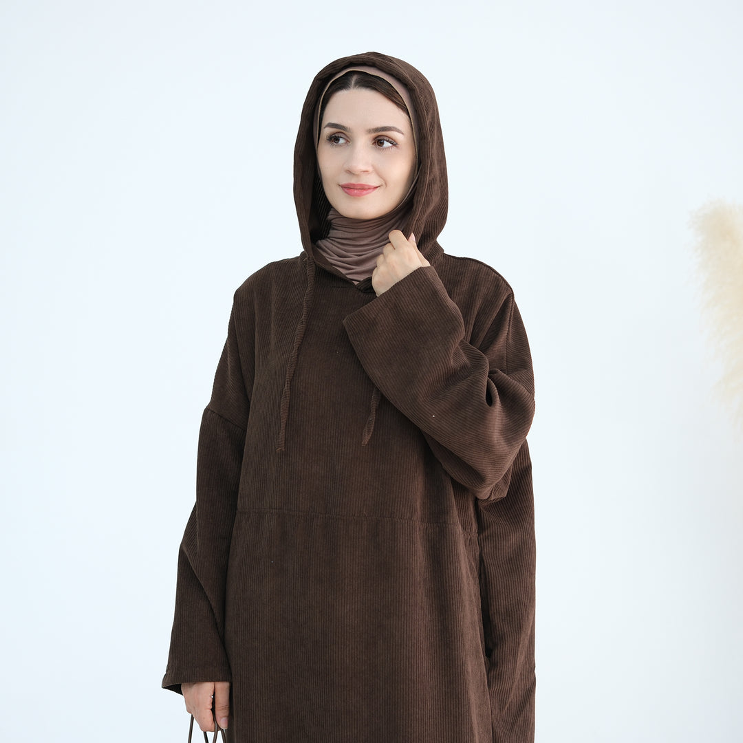 Get trendy with Willa Tweed Hoodie Abaya - Brown -  available at Voilee NY. Grab yours for $64.90 today!