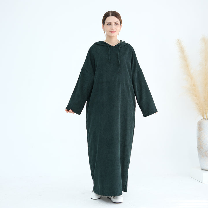 Get trendy with Willa Tweed Hoodie Abaya - Hunter Green -  available at Voilee NY. Grab yours for $64.90 today!