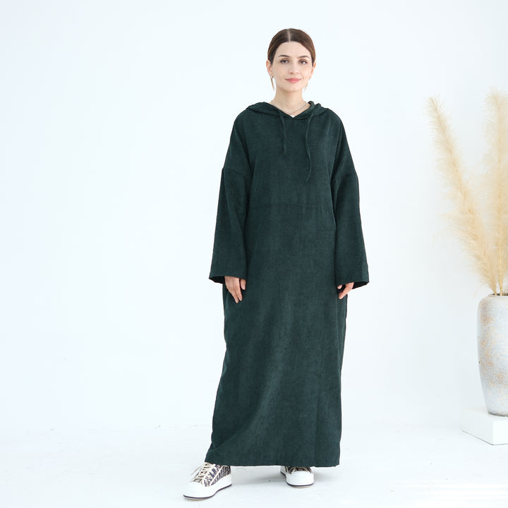 Get trendy with Willa Tweed Hoodie Abaya - Hunter Green -  available at Voilee NY. Grab yours for $64.90 today!