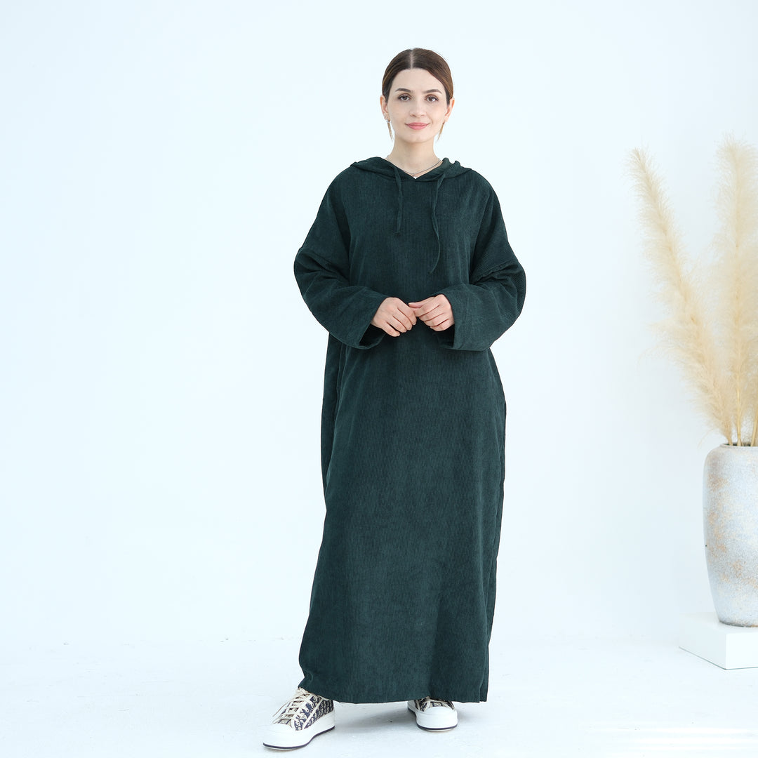 Get trendy with Willa Tweed Hoodie Abaya - Hunter Green -  available at Voilee NY. Grab yours for $64.90 today!