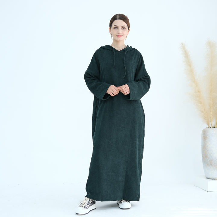 Get trendy with Willa Tweed Hoodie Abaya - Hunter Green -  available at Voilee NY. Grab yours for $64.90 today!