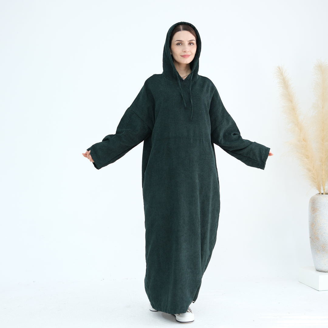 Get trendy with Willa Tweed Hoodie Abaya - Hunter Green -  available at Voilee NY. Grab yours for $64.90 today!