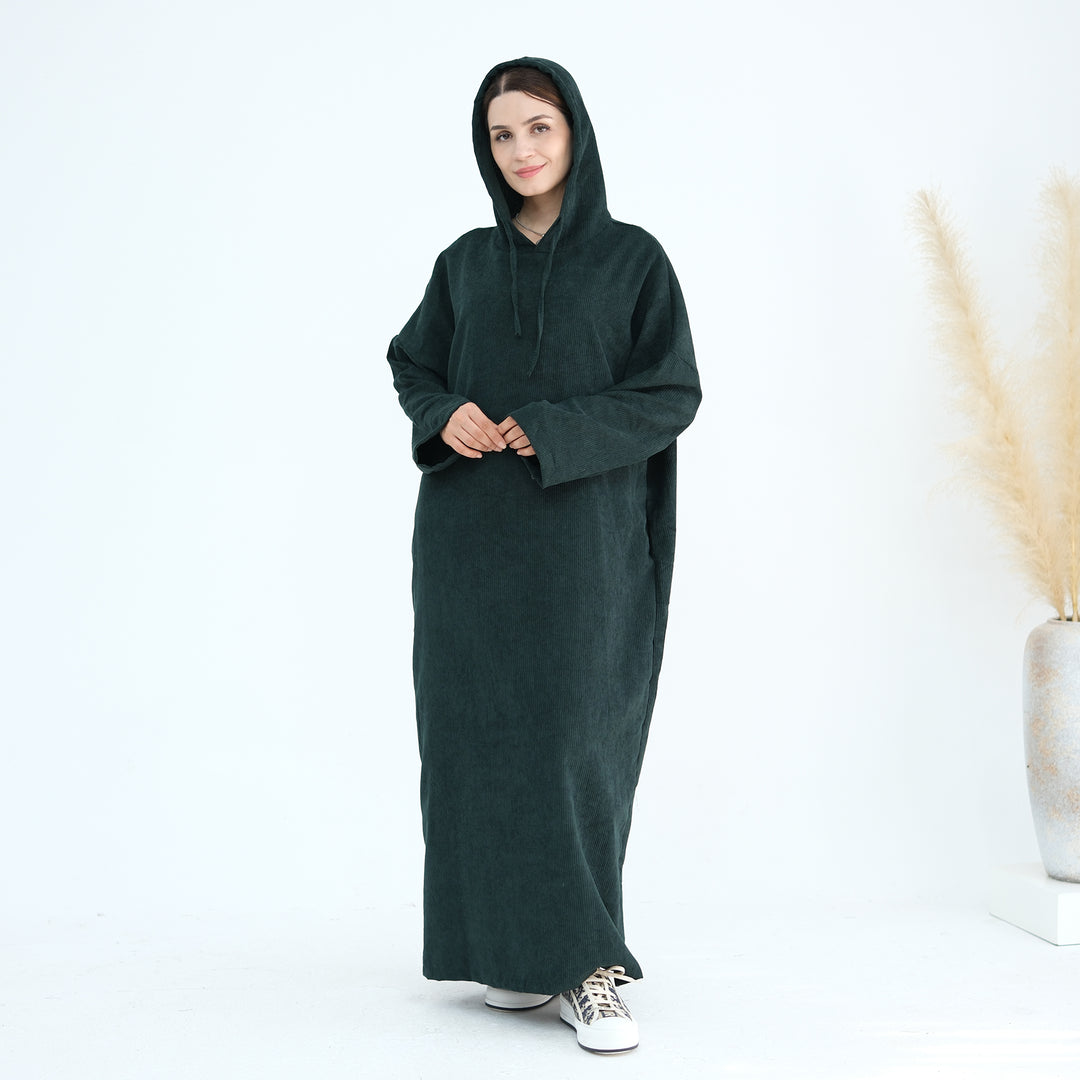 Get trendy with Willa Tweed Hoodie Abaya - Hunter Green -  available at Voilee NY. Grab yours for $64.90 today!