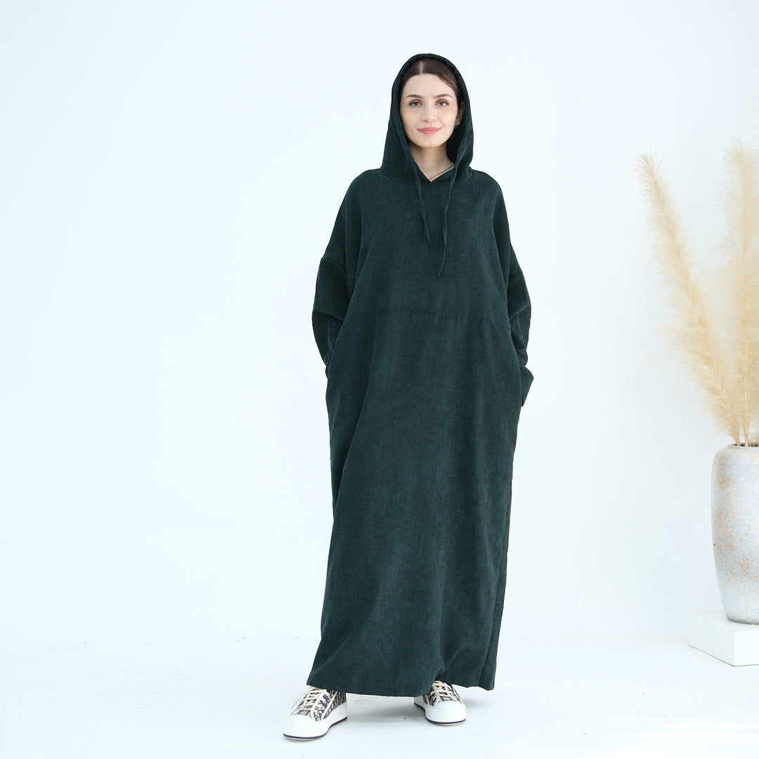 Get trendy with Willa Tweed Hoodie Abaya - Hunter Green -  available at Voilee NY. Grab yours for $64.90 today!