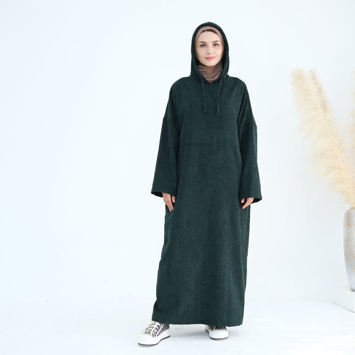 Get trendy with Willa Tweed Hoodie Abaya - Hunter Green -  available at Voilee NY. Grab yours for $64.90 today!