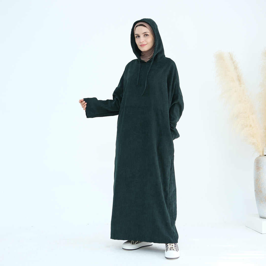 Get trendy with Willa Tweed Hoodie Abaya - Hunter Green -  available at Voilee NY. Grab yours for $64.90 today!