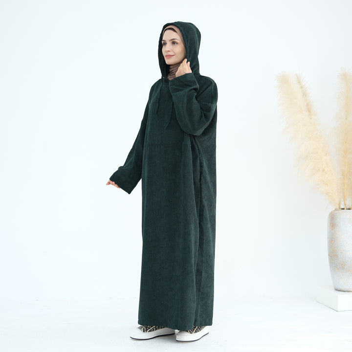 Get trendy with Willa Tweed Hoodie Abaya - Hunter Green -  available at Voilee NY. Grab yours for $64.90 today!