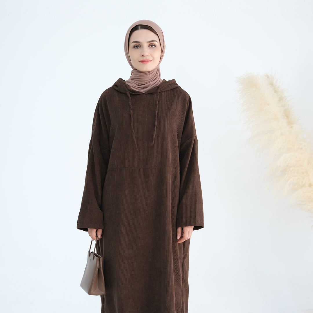 Get trendy with Willa Tweed Hoodie Abaya - Brown -  available at Voilee NY. Grab yours for $64.90 today!