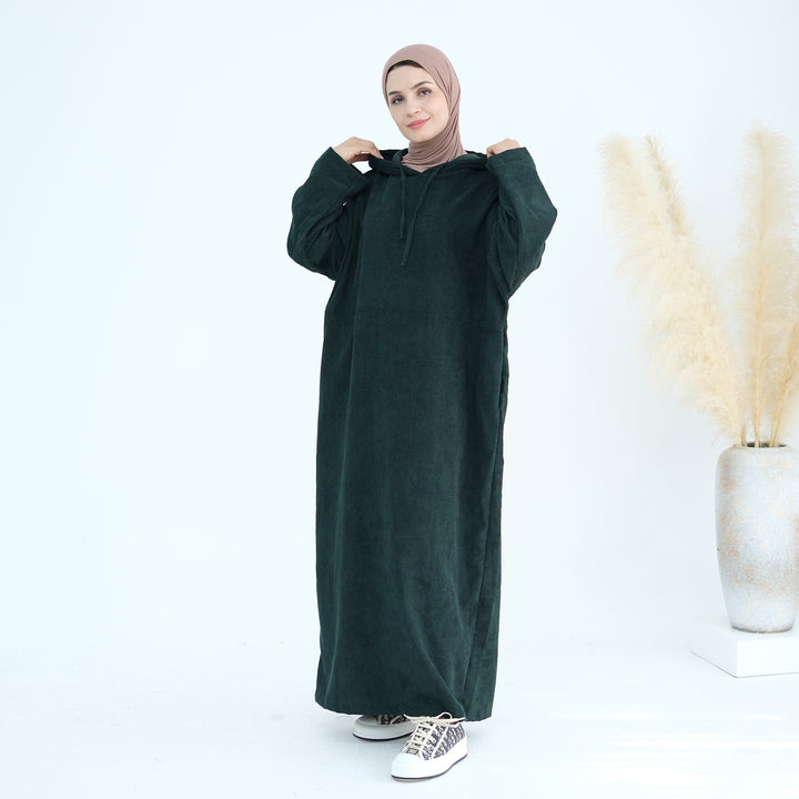 Get trendy with Willa Tweed Hoodie Abaya - Hunter Green -  available at Voilee NY. Grab yours for $64.90 today!