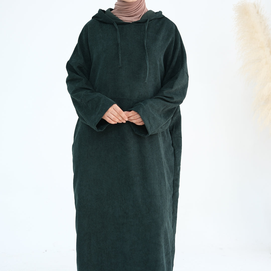 Get trendy with Willa Tweed Hoodie Abaya - Hunter Green -  available at Voilee NY. Grab yours for $64.90 today!