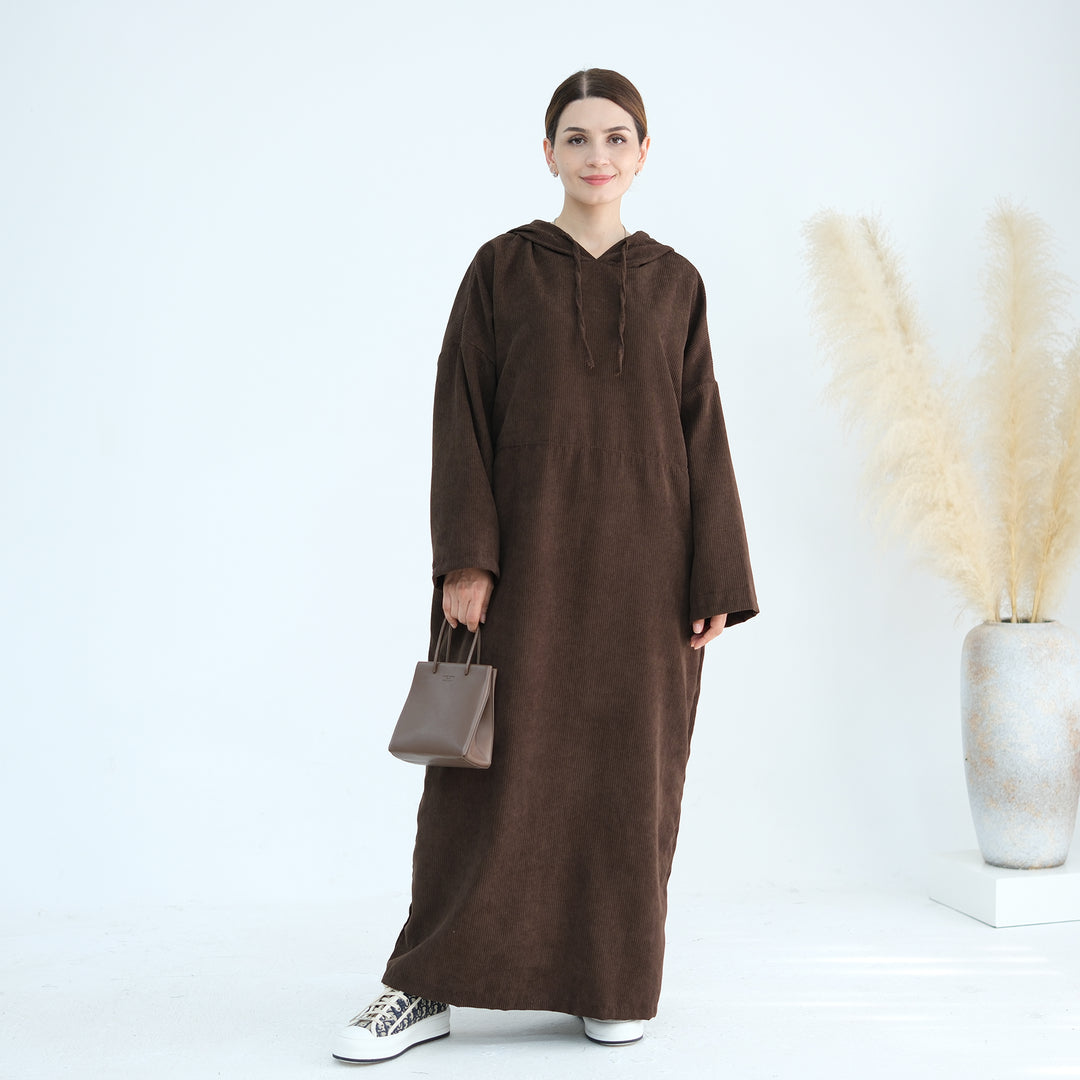 Get trendy with Willa Tweed Hoodie Abaya - Brown -  available at Voilee NY. Grab yours for $64.90 today!