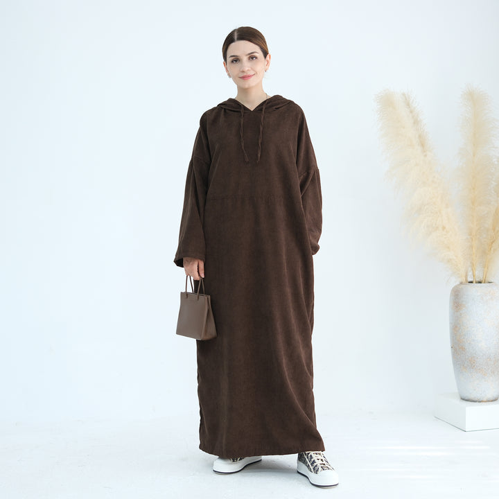 Get trendy with Willa Tweed Hoodie Abaya - Brown -  available at Voilee NY. Grab yours for $64.90 today!