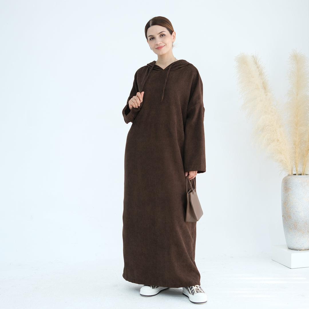 Get trendy with Willa Tweed Hoodie Abaya - Brown -  available at Voilee NY. Grab yours for $64.90 today!