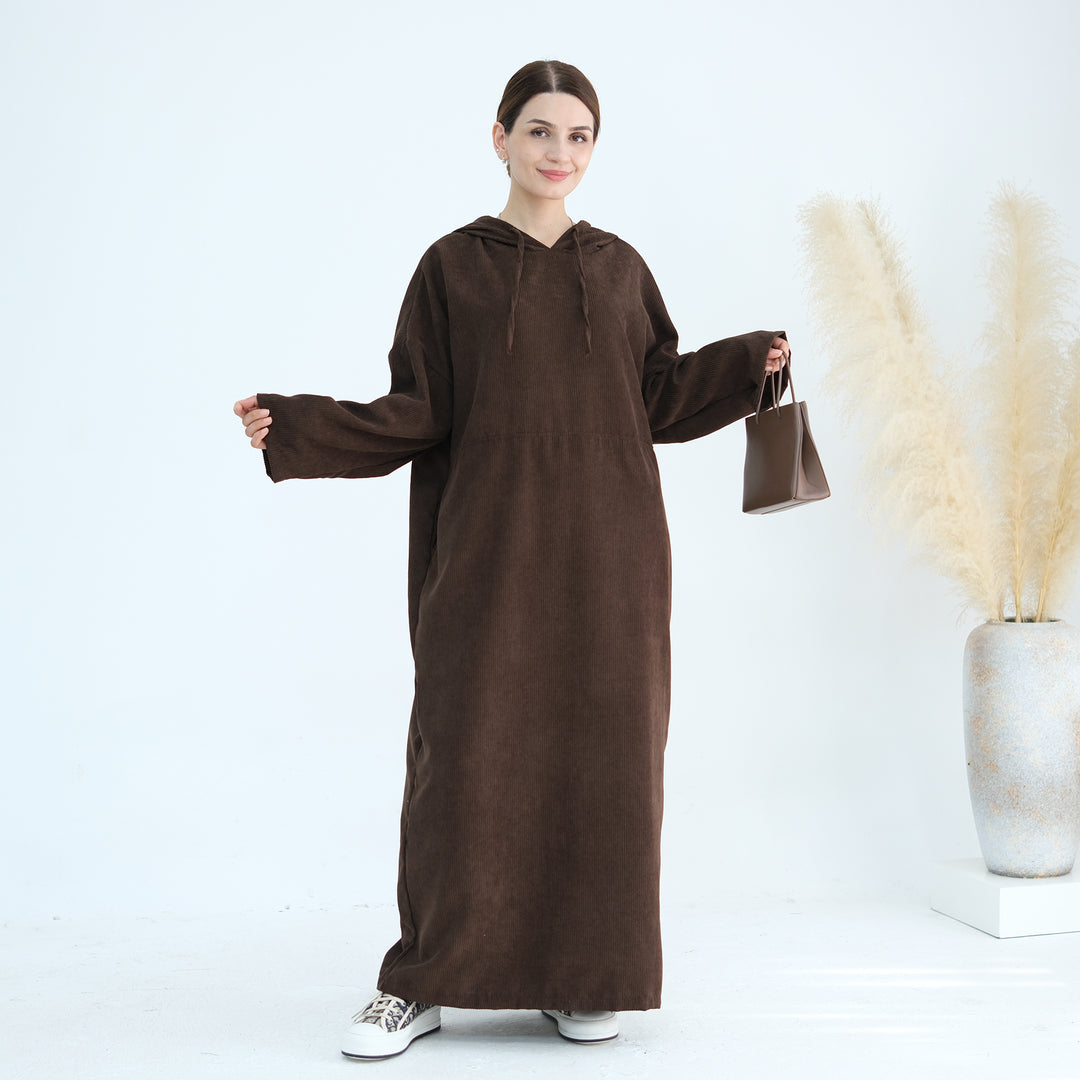 Get trendy with Willa Tweed Hoodie Abaya - Brown -  available at Voilee NY. Grab yours for $64.90 today!