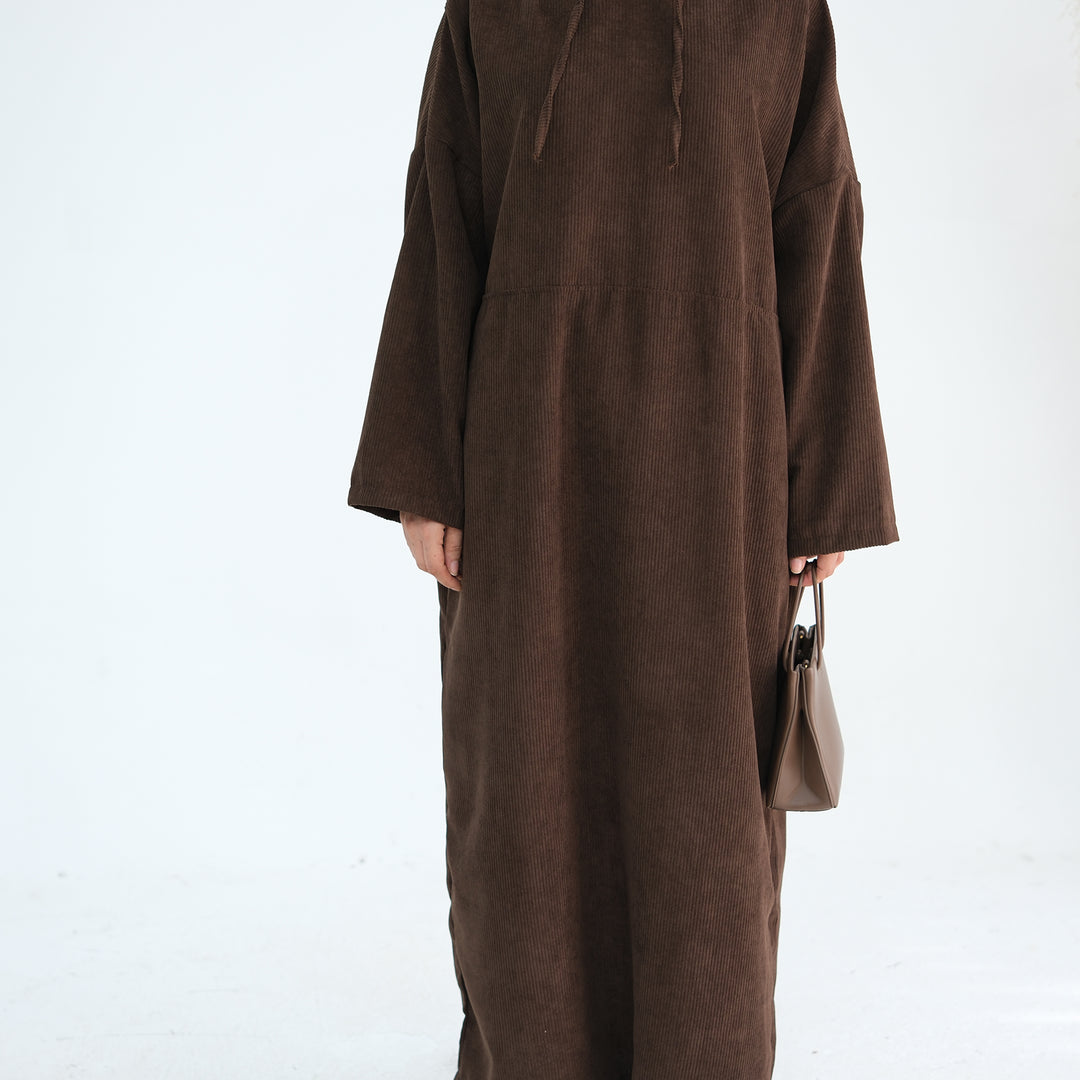 Get trendy with Willa Tweed Hoodie Abaya - Brown -  available at Voilee NY. Grab yours for $64.90 today!