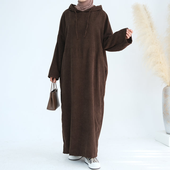 Get trendy with Willa Tweed Hoodie Abaya - Brown -  available at Voilee NY. Grab yours for $64.90 today!