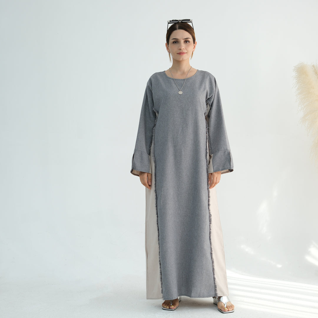 Get trendy with Blair Fringe Abaya Dress - Gray - Dresses available at Voilee NY. Grab yours for $54.90 today!