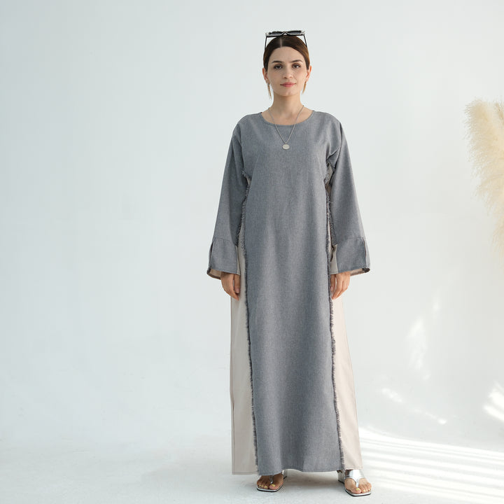 Get trendy with Blair Fringe Abaya Dress - Gray - Dresses available at Voilee NY. Grab yours for $54.90 today!