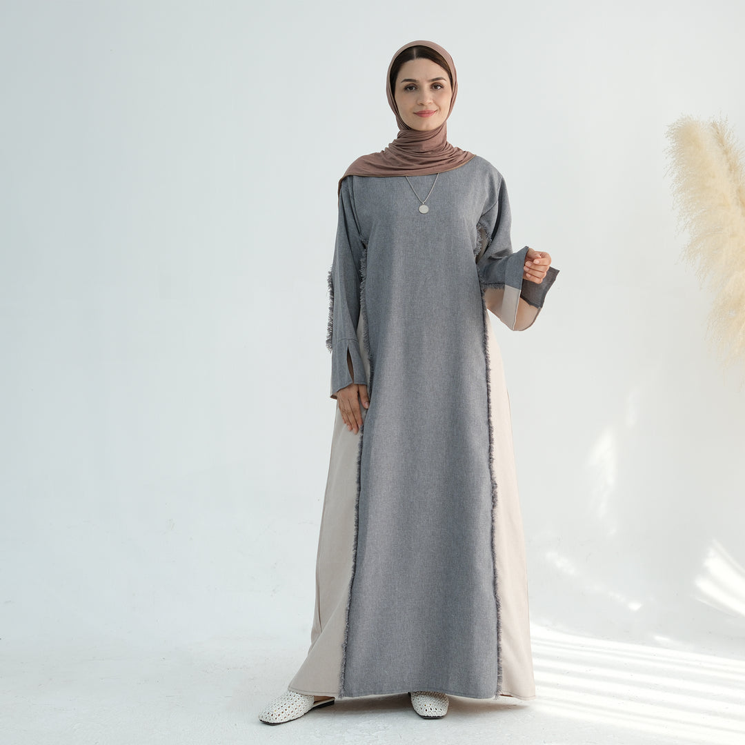 Get trendy with Blair Fringe Abaya Dress - Gray - Dresses available at Voilee NY. Grab yours for $54.90 today!