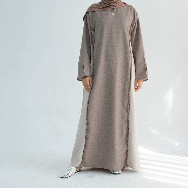 Get trendy with Blair Fringe Abaya Dress - Taupe - Dresses available at Voilee NY. Grab yours for $54.90 today!