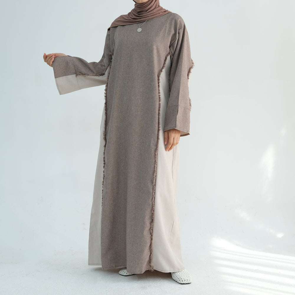 Get trendy with Blair Fringe Abaya Dress - Taupe - Dresses available at Voilee NY. Grab yours for $54.90 today!