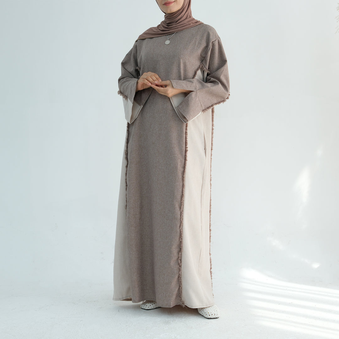 Get trendy with Blair Fringe Abaya Dress - Taupe - Dresses available at Voilee NY. Grab yours for $54.90 today!