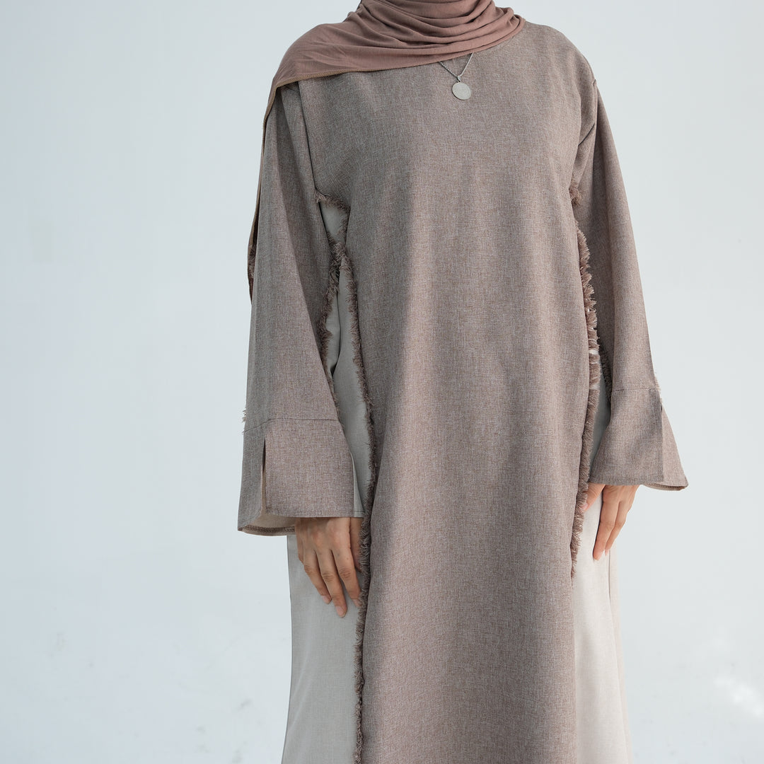 Get trendy with Blair Fringe Abaya Dress - Taupe - Dresses available at Voilee NY. Grab yours for $54.90 today!