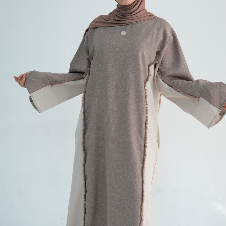 Get trendy with Blair Fringe Abaya Dress - Taupe - Dresses available at Voilee NY. Grab yours for $54.90 today!