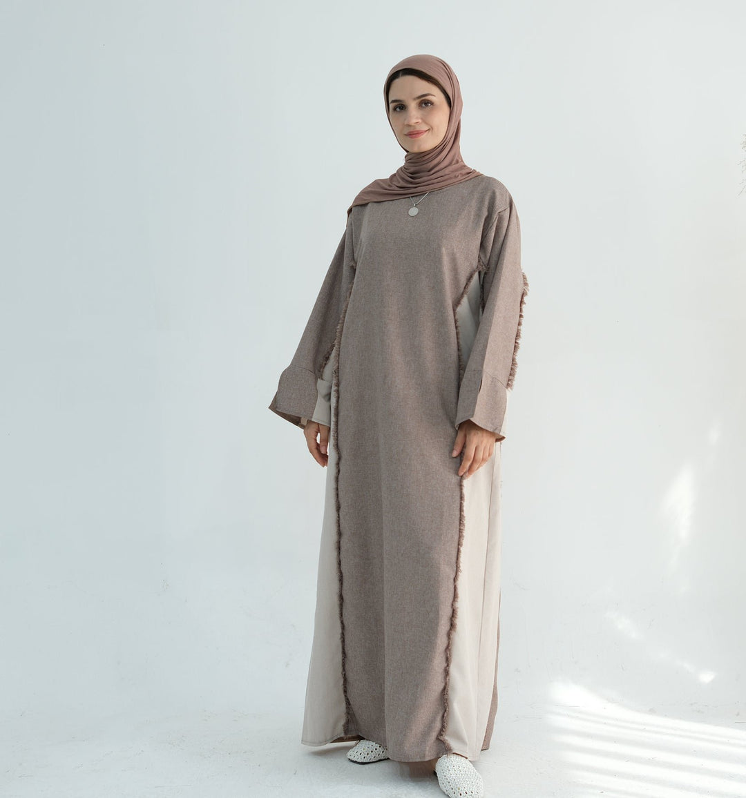 Get trendy with Blair Fringe Abaya Dress - Taupe - Dresses available at Voilee NY. Grab yours for $54.90 today!