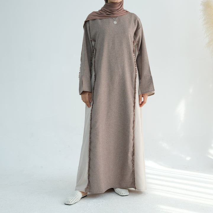 Get trendy with Blair Fringe Abaya Dress - Taupe - Dresses available at Voilee NY. Grab yours for $54.90 today!