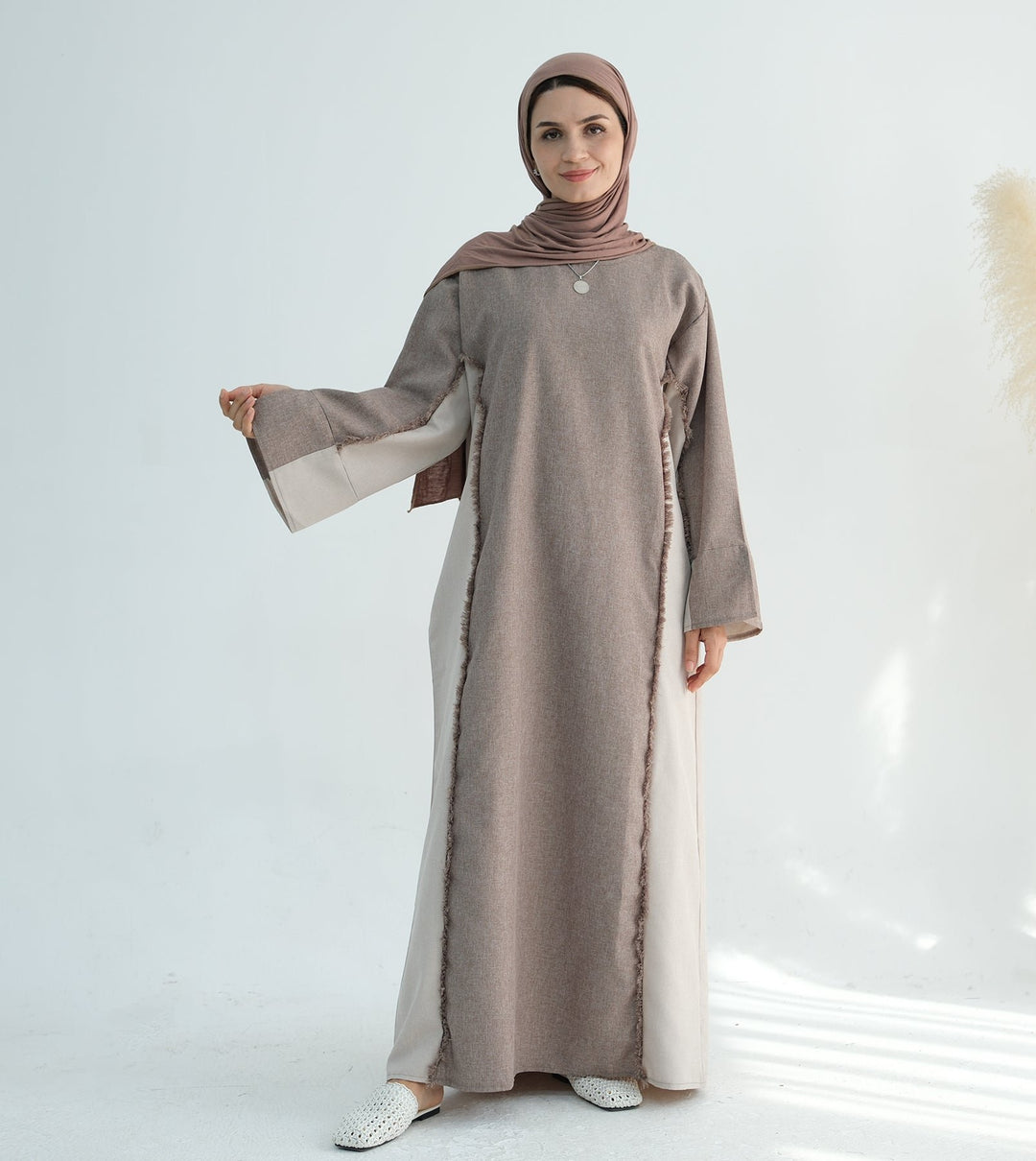 Get trendy with Blair Fringe Abaya Dress - Taupe - Dresses available at Voilee NY. Grab yours for $54.90 today!