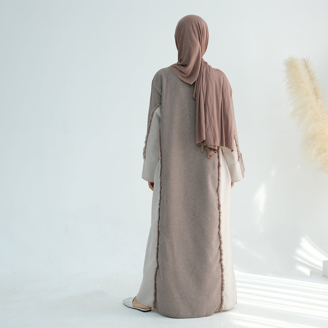 Get trendy with Blair Fringe Abaya Dress - Taupe - Dresses available at Voilee NY. Grab yours for $54.90 today!