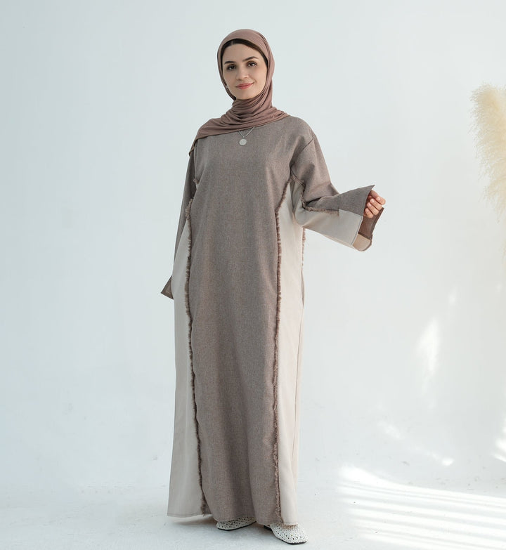 Get trendy with Blair Fringe Abaya Dress - Taupe - Dresses available at Voilee NY. Grab yours for $54.90 today!