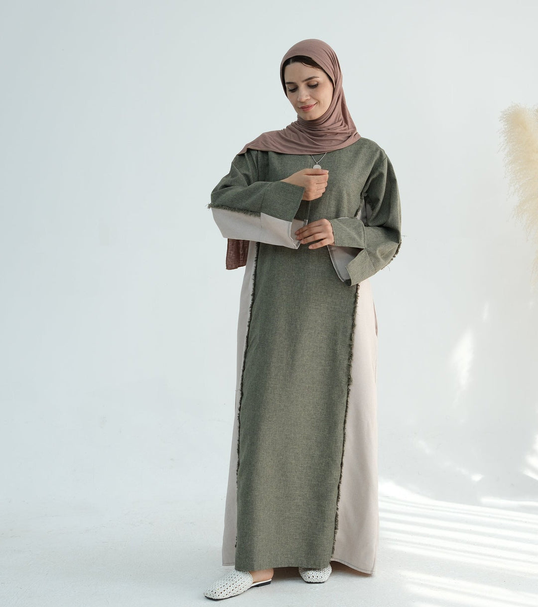 Get trendy with Blair Fringe Abaya Dress - Sage - Dresses available at Voilee NY. Grab yours for $54.90 today!