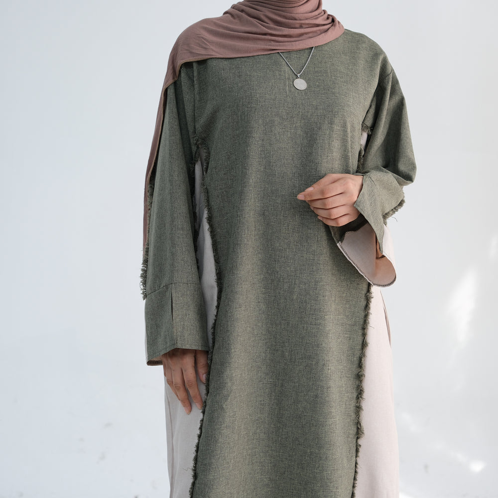 Get trendy with Blair Fringe Abaya Dress - Sage - Dresses available at Voilee NY. Grab yours for $54.90 today!