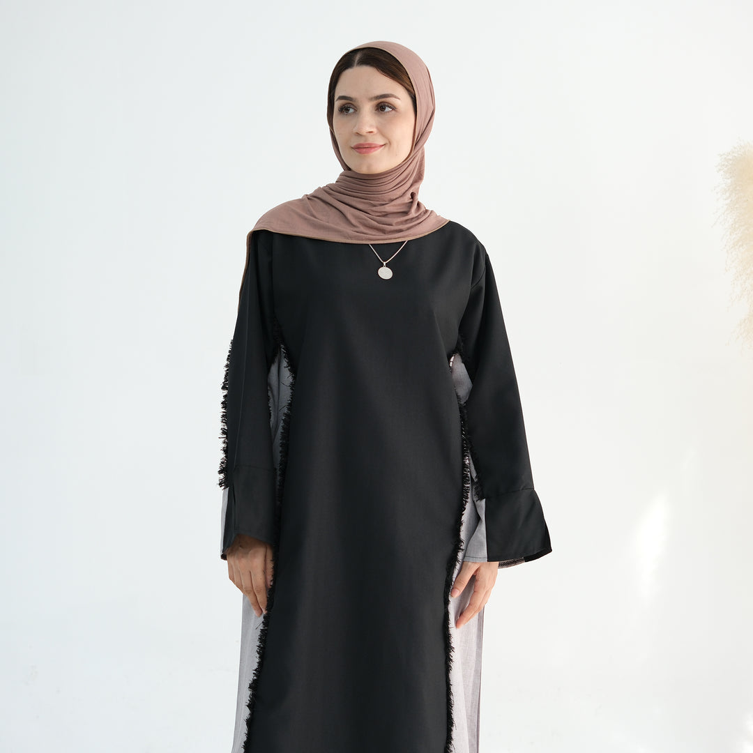 Get trendy with Blair Fringe Abaya Dress - Black - Dresses available at Voilee NY. Grab yours for $54.90 today!