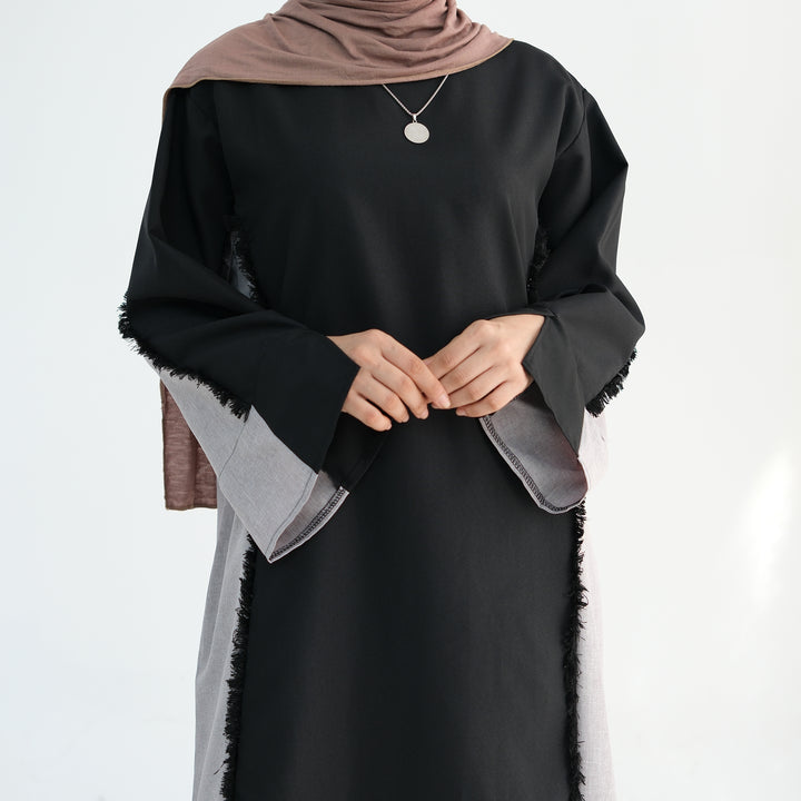 Get trendy with Blair Fringe Abaya Dress - Black - Dresses available at Voilee NY. Grab yours for $54.90 today!