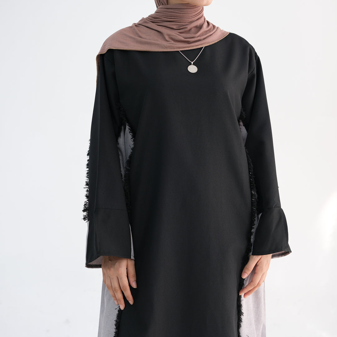 Get trendy with Blair Fringe Abaya Dress - Black - Dresses available at Voilee NY. Grab yours for $54.90 today!