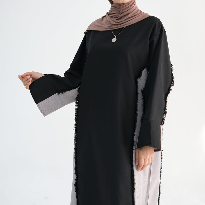 Get trendy with Blair Fringe Abaya Dress - Black - Dresses available at Voilee NY. Grab yours for $54.90 today!