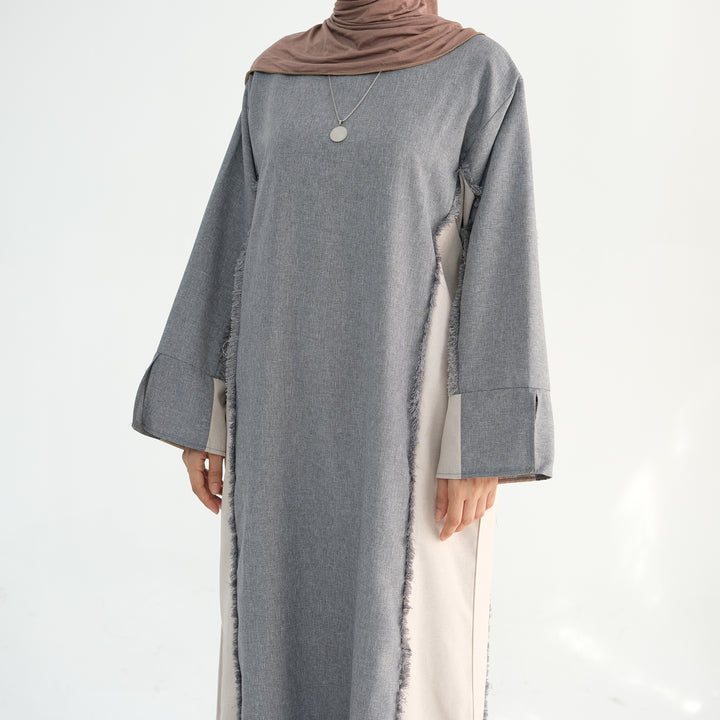 Get trendy with Blair Fringe Abaya Dress - Gray - Dresses available at Voilee NY. Grab yours for $54.90 today!