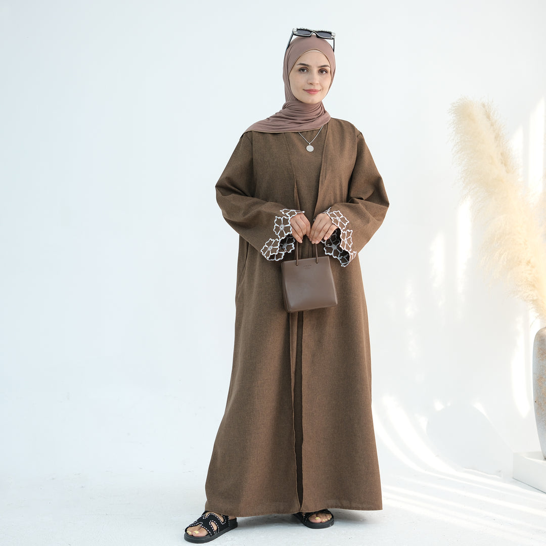 Get trendy with Shiya Textured Abaya Set - Brown -  available at Voilee NY. Grab yours for $79.90 today!