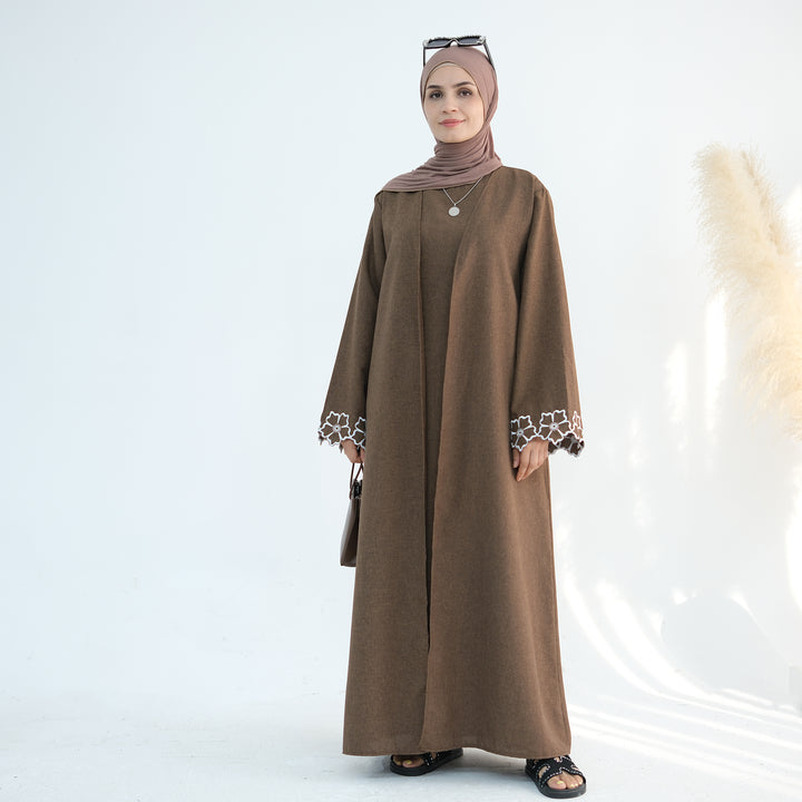 Get trendy with Shiya Textured Abaya Set - Brown -  available at Voilee NY. Grab yours for $79.90 today!