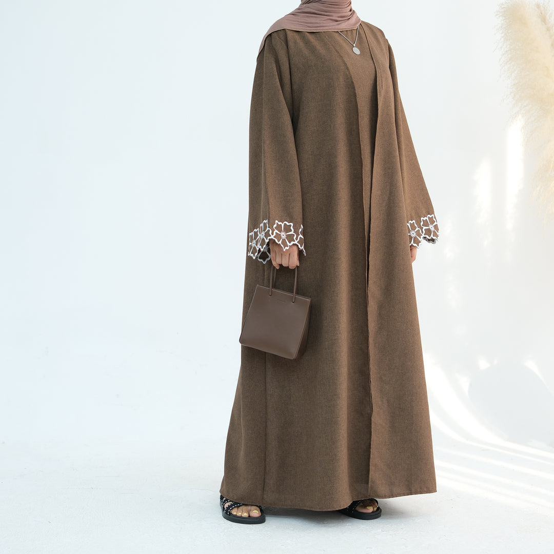 Get trendy with Shiya Textured Abaya Set - Brown -  available at Voilee NY. Grab yours for $79.90 today!