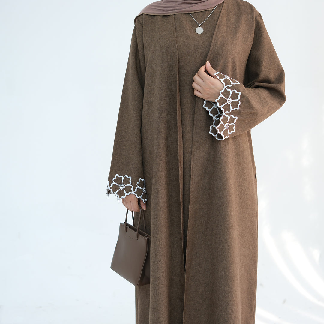 Get trendy with Shiya Textured Abaya Set - Brown -  available at Voilee NY. Grab yours for $79.90 today!