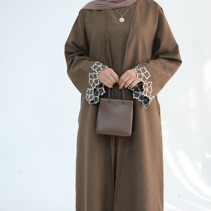 Get trendy with Shiya Textured Abaya Set - Brown -  available at Voilee NY. Grab yours for $79.90 today!