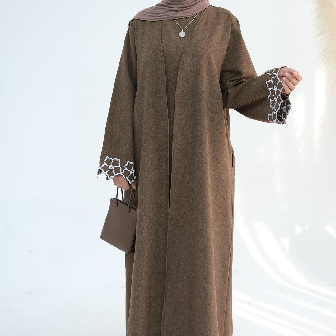 Get trendy with Shiya Textured Abaya Set - Brown -  available at Voilee NY. Grab yours for $79.90 today!