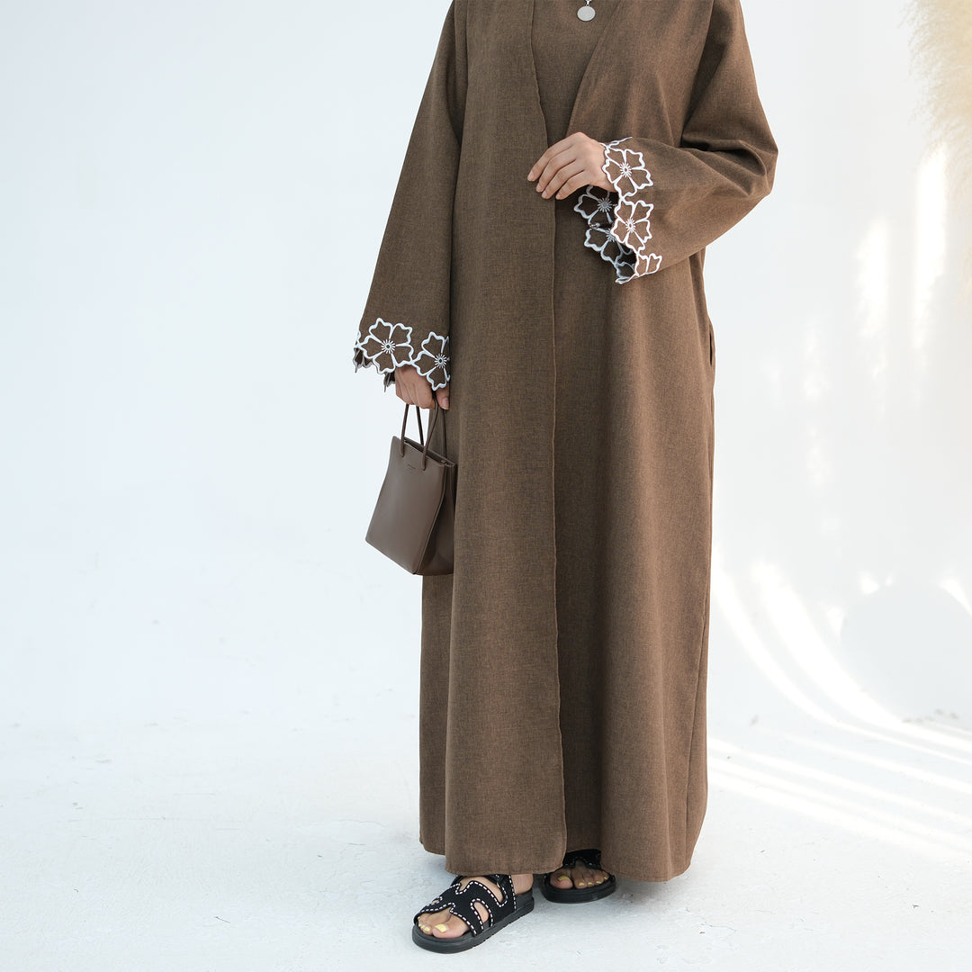 Get trendy with Shiya Textured Abaya Set - Brown -  available at Voilee NY. Grab yours for $79.90 today!